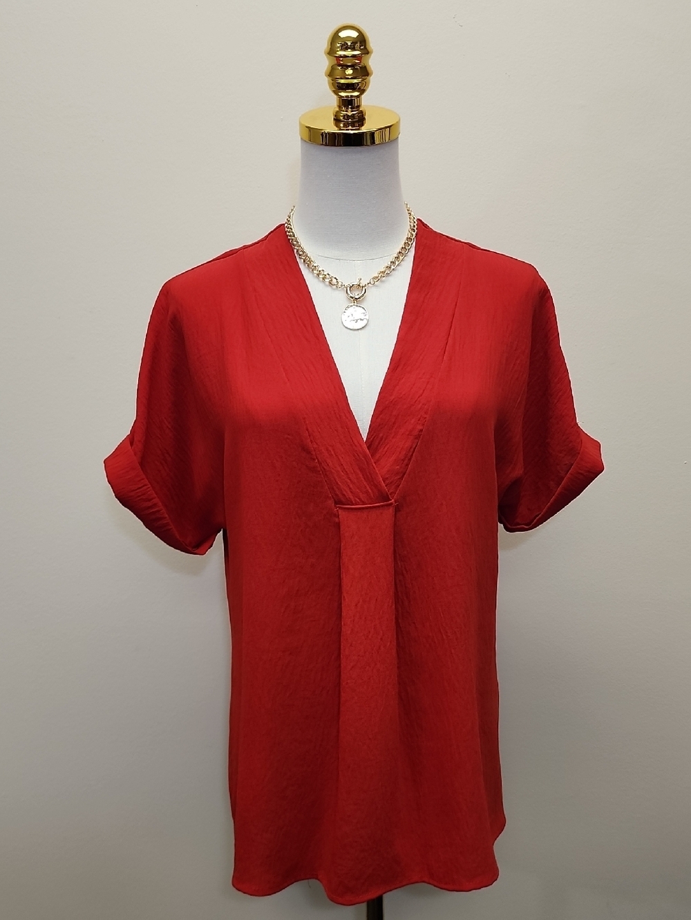 Women's Red V-Neck Short Sleeve Blouse